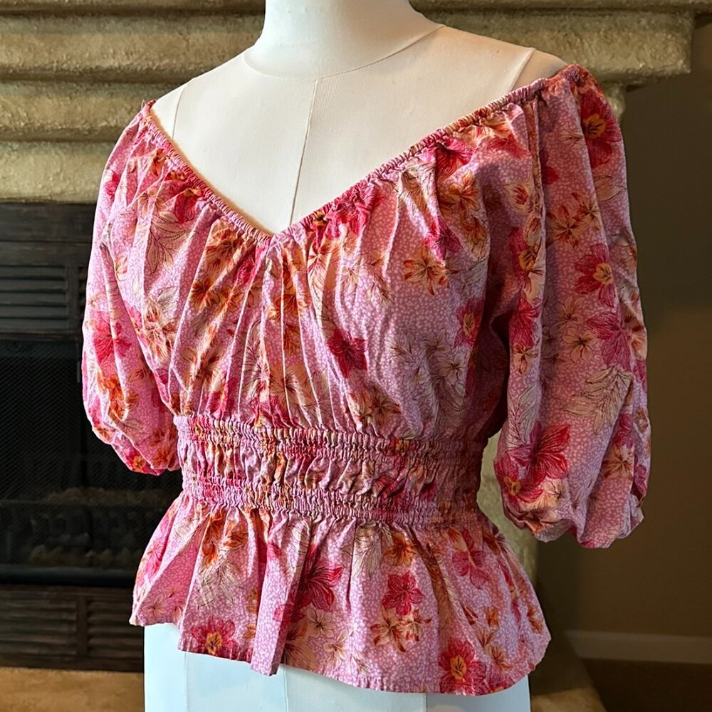 LOFT Lily Pink Floral V-Neck Blouse - Sz. M - New